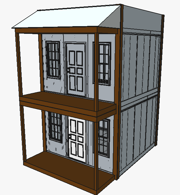 Source two-story cabin with front porches and sloped roof